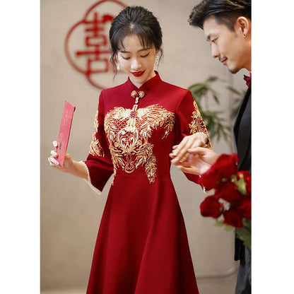 Customizable Wine Red Tea Ceremony Wedding Qipao