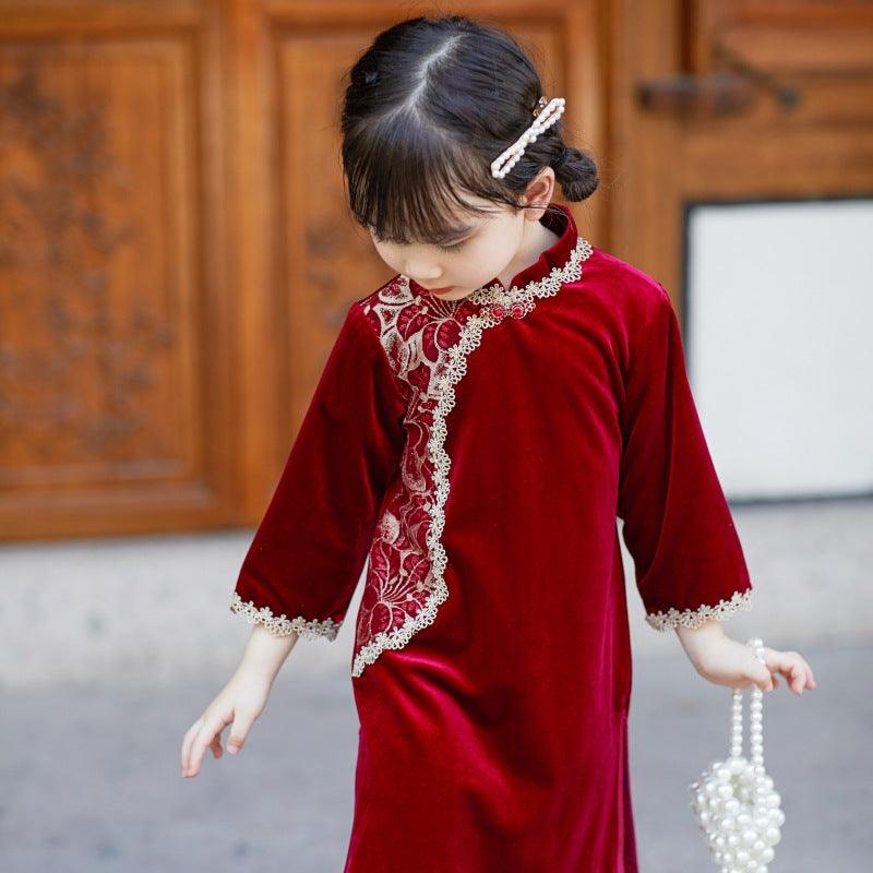 Green and burgundy Girls' Cheongsam Dresses