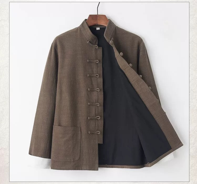 Linen Tang Jacket for Men, Chinese Jacket, Long Sleeve, Plus Size, Spring, Autumn, Winter Men Cheongsam Taichi Kongfu Jacket Frog Button