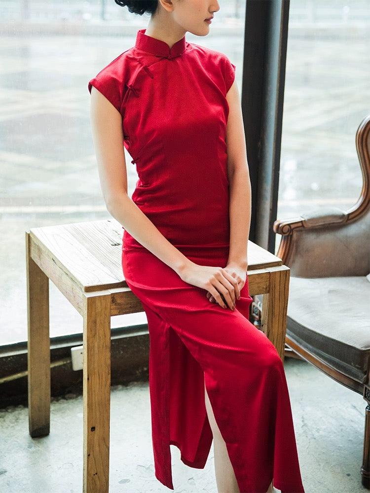 Red Cheongsam Qipao Dress Simulated Silk