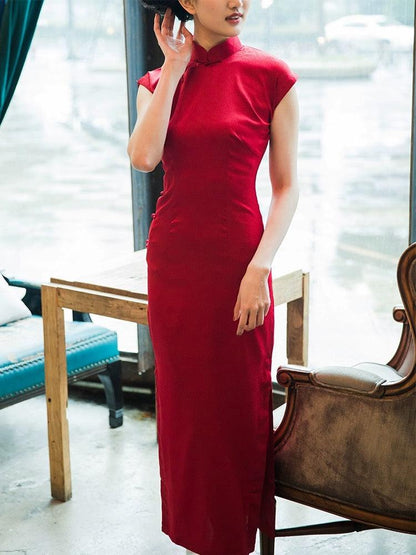 Red Cheongsam Qipao Dress Simulated Silk