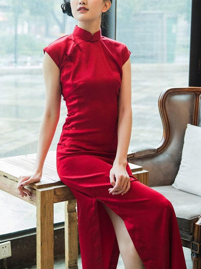 Red Cheongsam Qipao Dress Simulated Silk