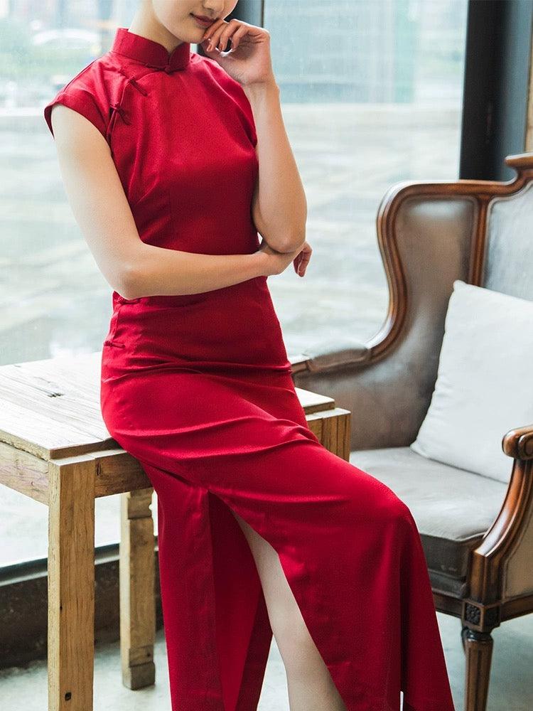 Red Cheongsam Qipao Dress Simulated Silk