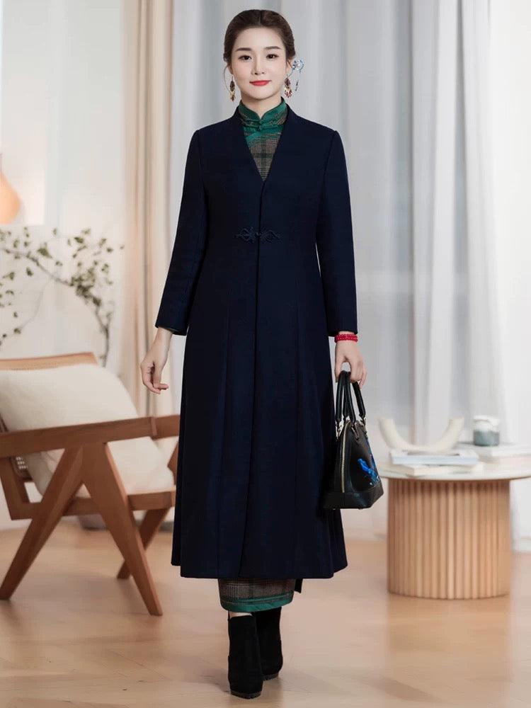 V-Neck Wool Coat Qipao Trench Coat