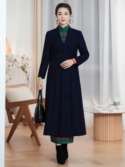 V-Neck Wool Coat Qipao Trench Coat