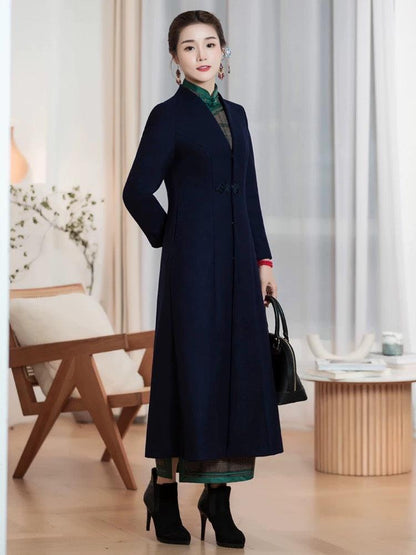 V-Neck Wool Coat Qipao Trench Coat