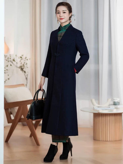 V-Neck Wool Coat Qipao Trench Coat