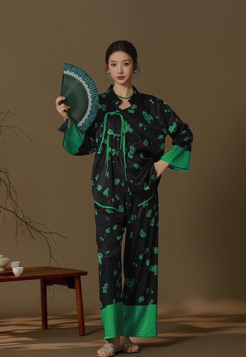 New Chinese Style Pajama Set Faux Silk Pajamas