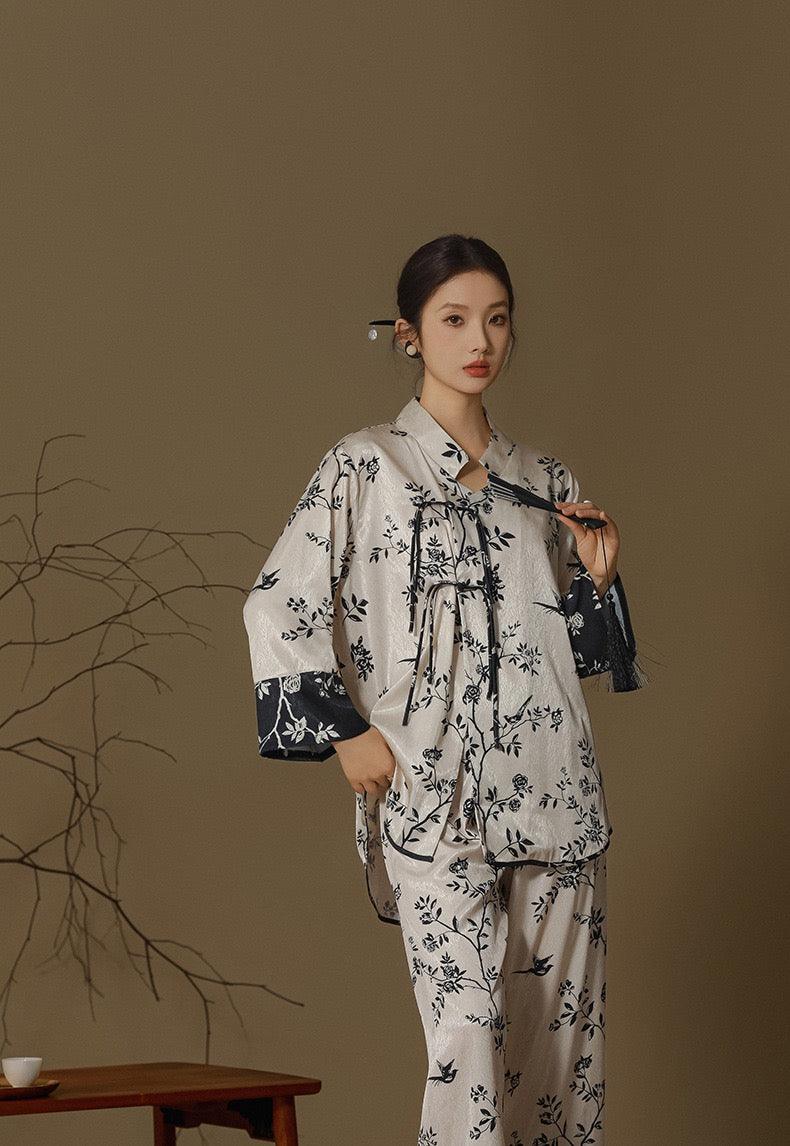 New Chinese Style Pajama Set Faux Silk Pajamas