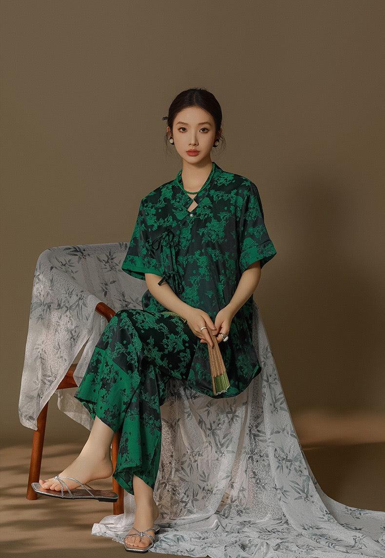 Chinese Style Pajama Set Faux Silk Pajamas