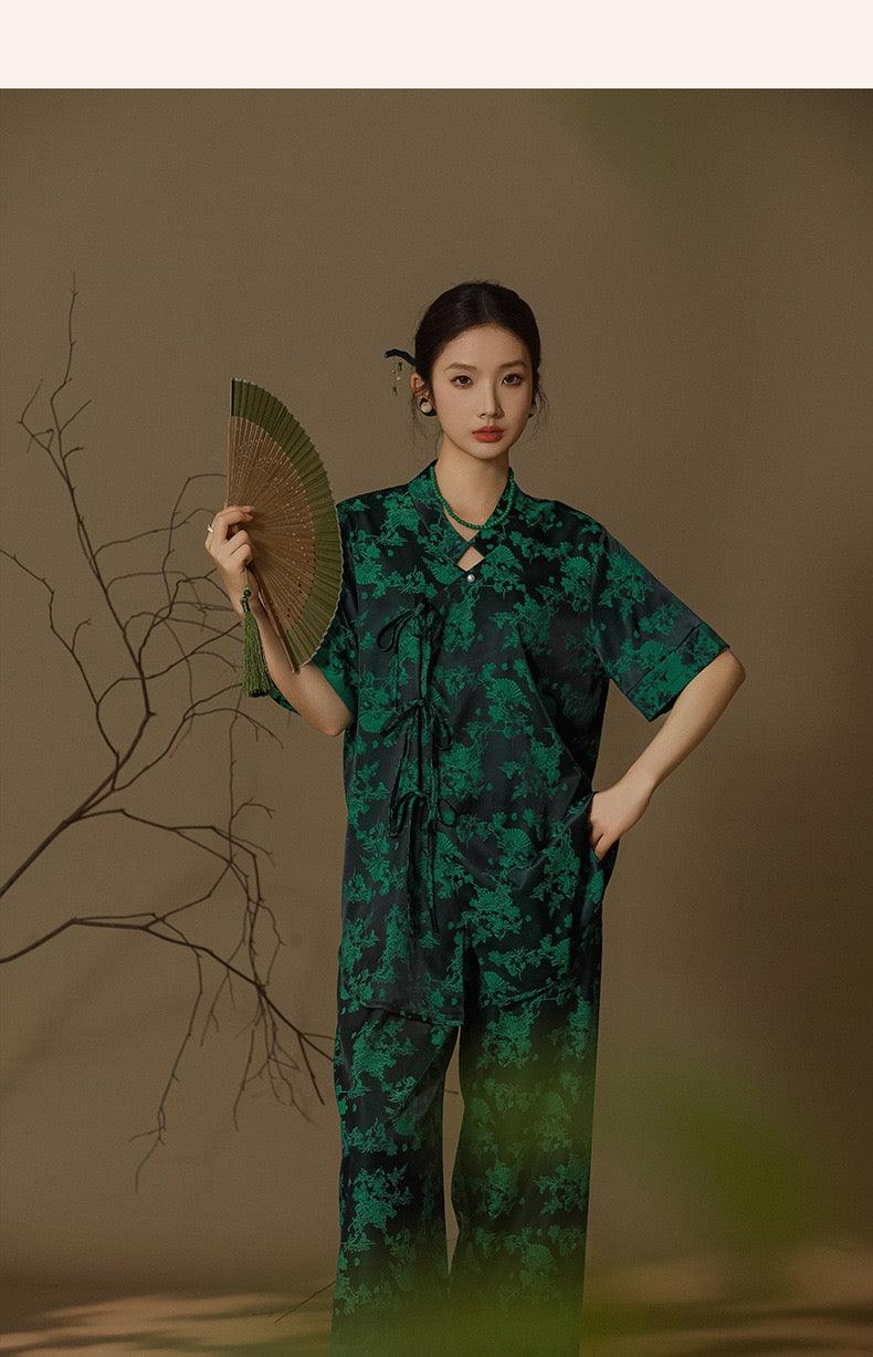 Chinese Style Pajama Set Faux Silk Pajamas