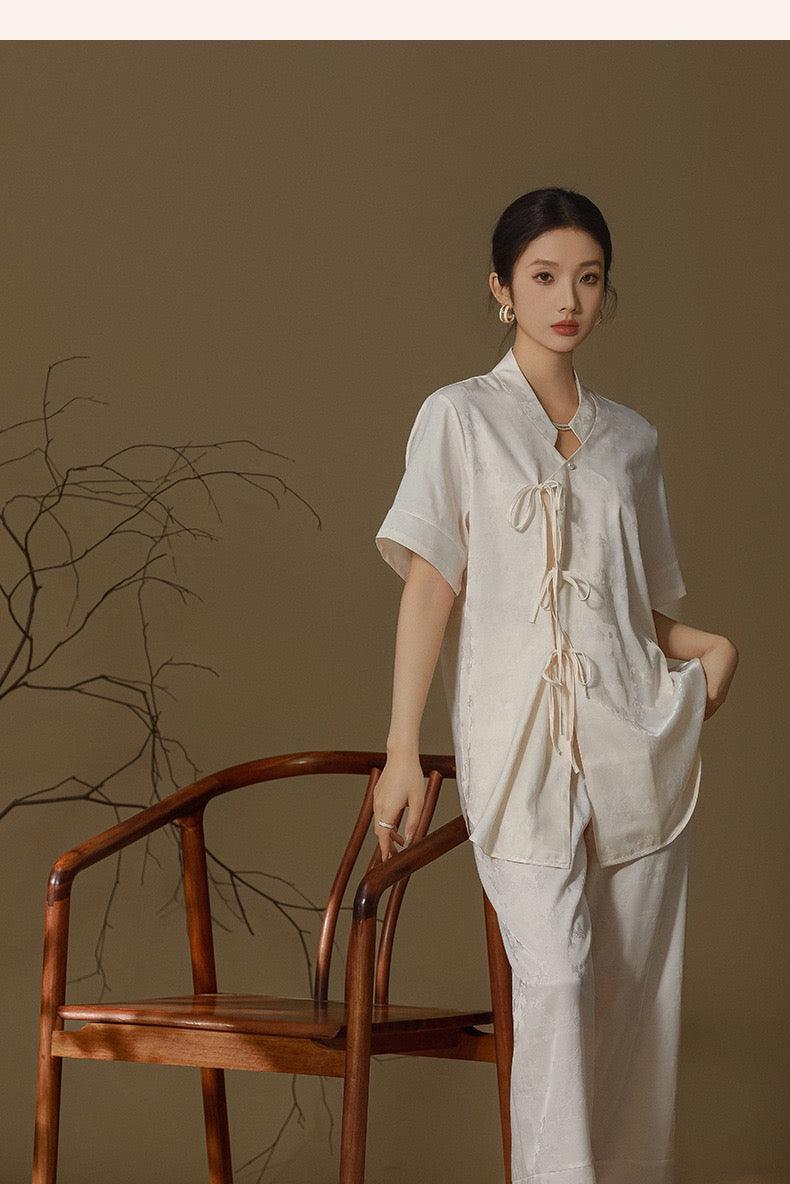 Chinese Style Pajama Set Faux Silk Pajamas