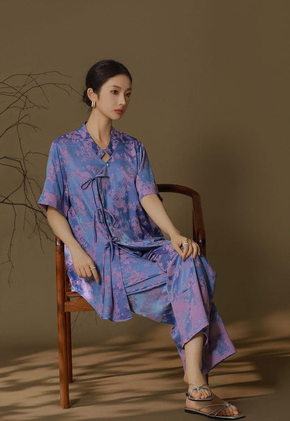 Chinese Style Pajama Set Faux Silk Pajamas