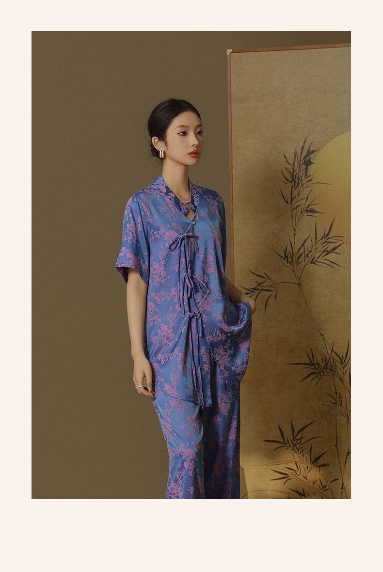 Chinese Style Pajama Set Faux Silk Pajamas