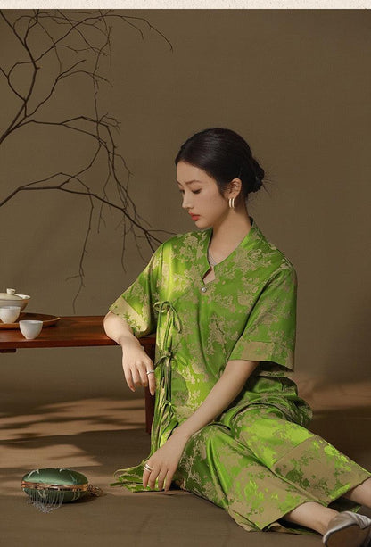 Chinese Style Pajama Set Faux Silk Pajamas