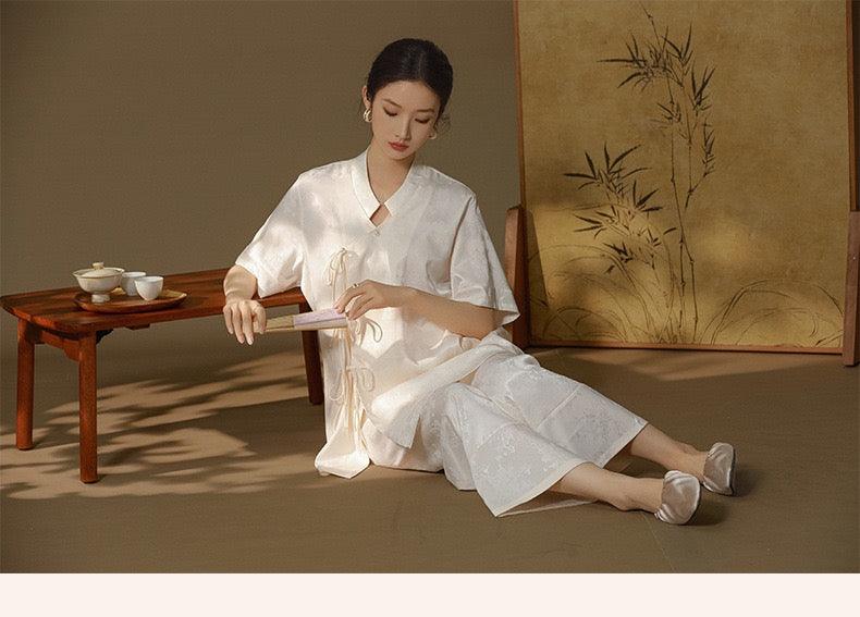 Chinese Style Pajama Set Faux Silk Pajamas