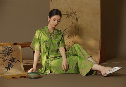 Chinese Style Pajama Set Faux Silk Pajamas