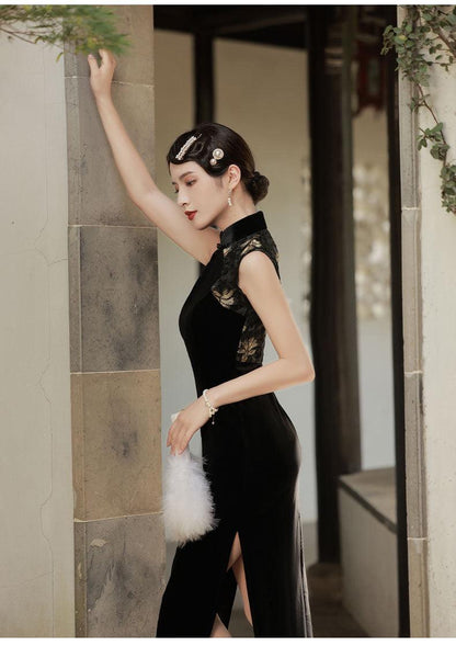 Black Lace Sleeveless Velvet Qipao Evening Gown