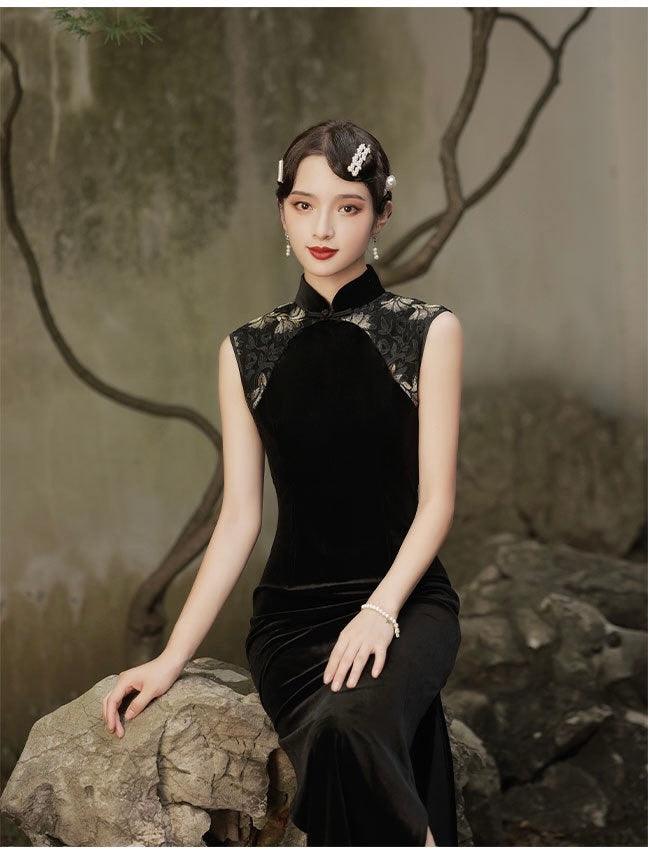 Black Lace Sleeveless Velvet Qipao Evening Gown