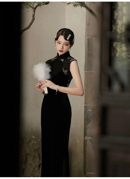 Black Lace Sleeveless Velvet Qipao Evening Gown