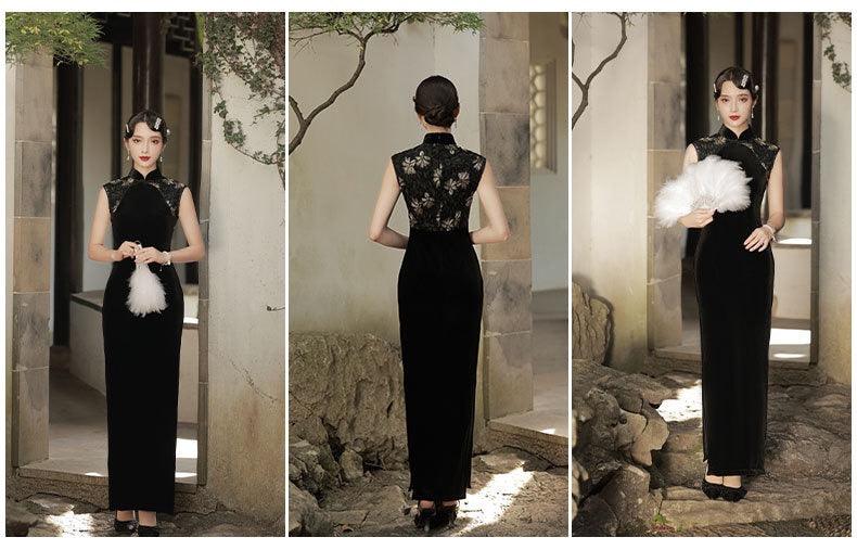 Black Lace Sleeveless Velvet Qipao Evening Gown