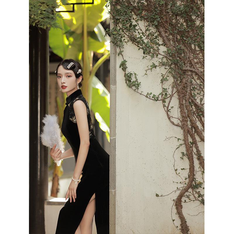 Black Lace Sleeveless Velvet Qipao Evening Gown