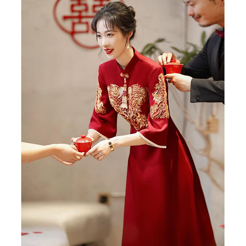 Customizable Wine Red Tea Ceremony Wedding Qipao