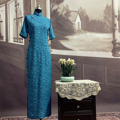 Blue Vintage Floral Printed Qipao