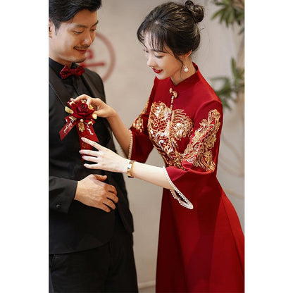 Customizable Wine Red Tea Ceremony Wedding Qipao