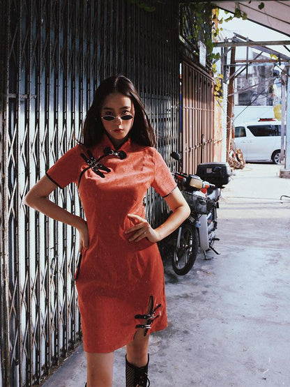 Corduroy Orange Cheongsam with Punk-inspired