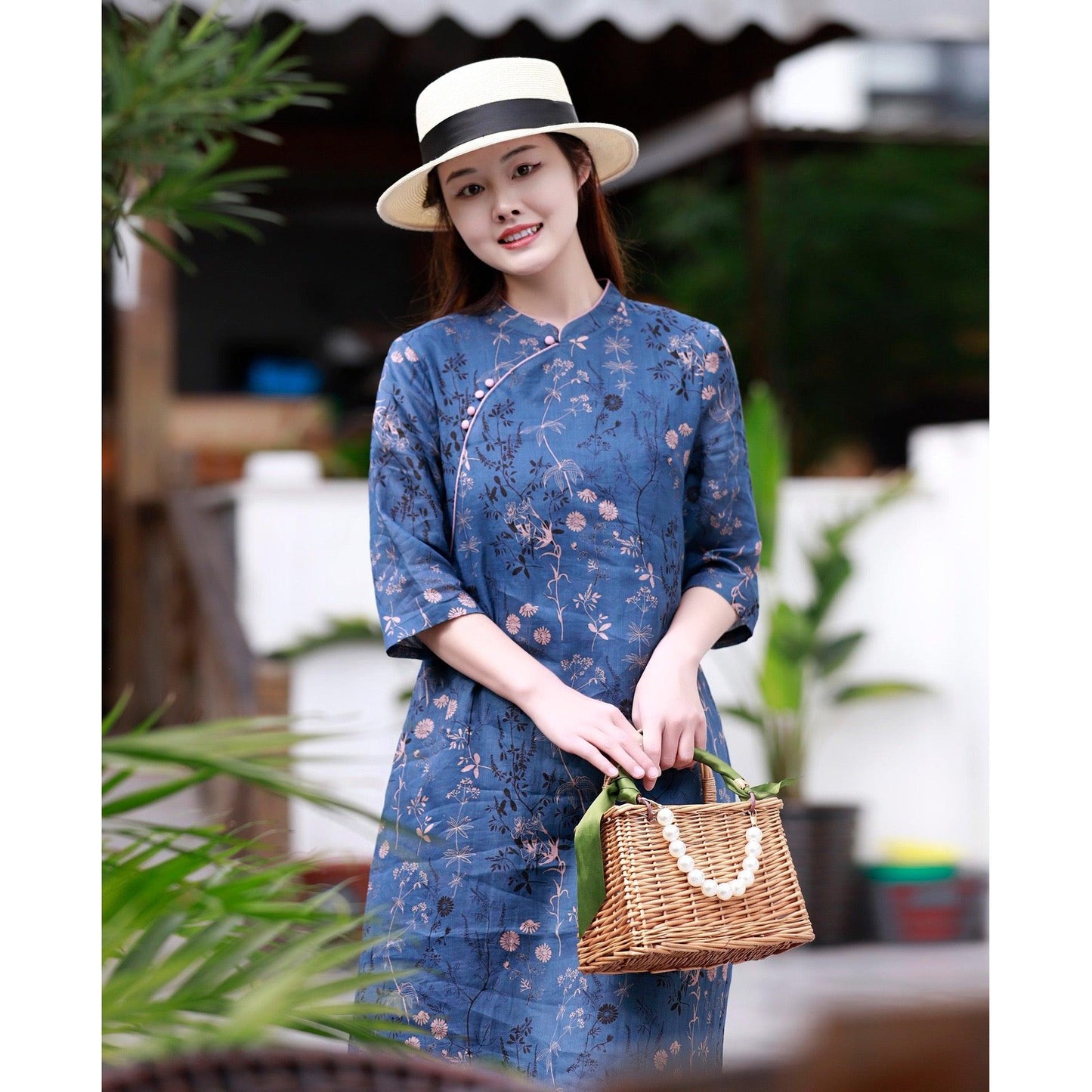 Blue Ramie Qipao Dress