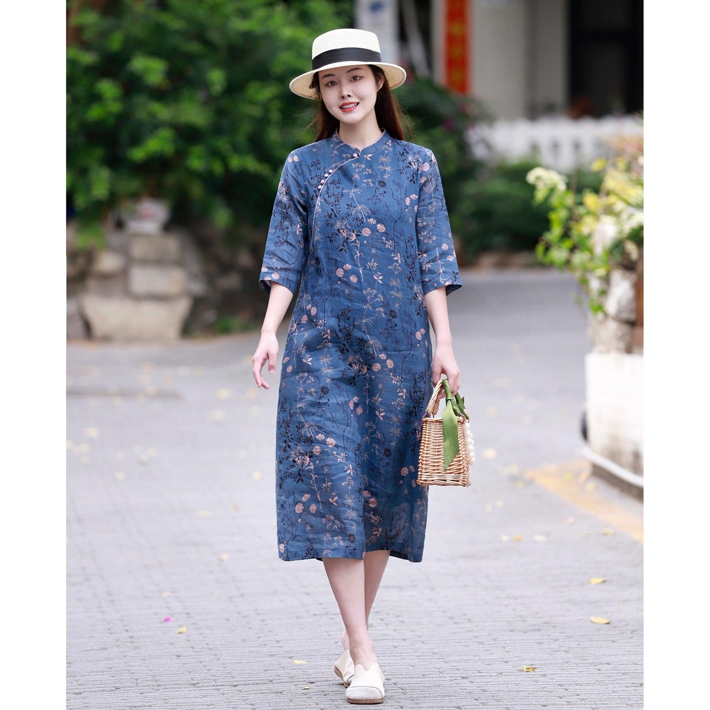 Blue Ramie Qipao Dress