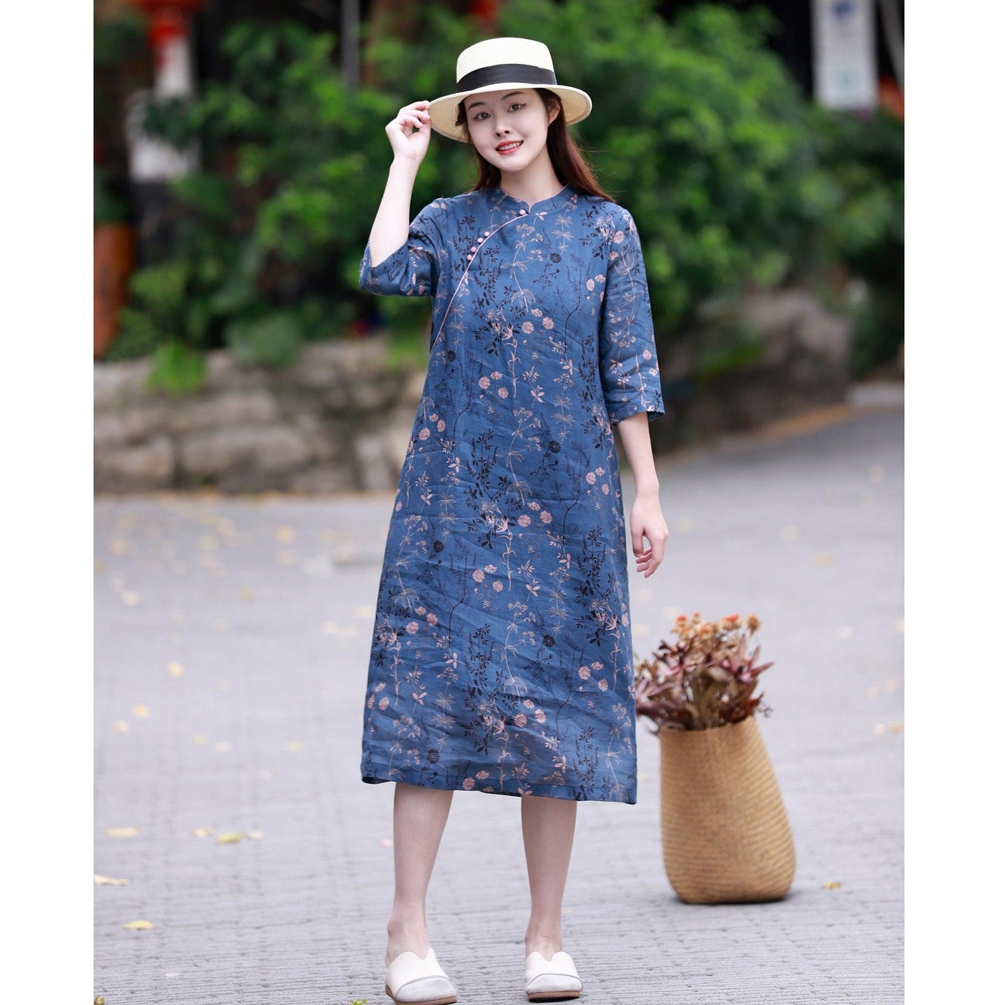 Blue Ramie Qipao Dress