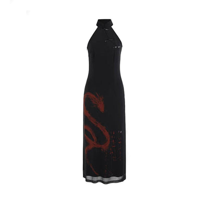 Sleeveless New Chinese Style Dress Ink Wash Dragon Print