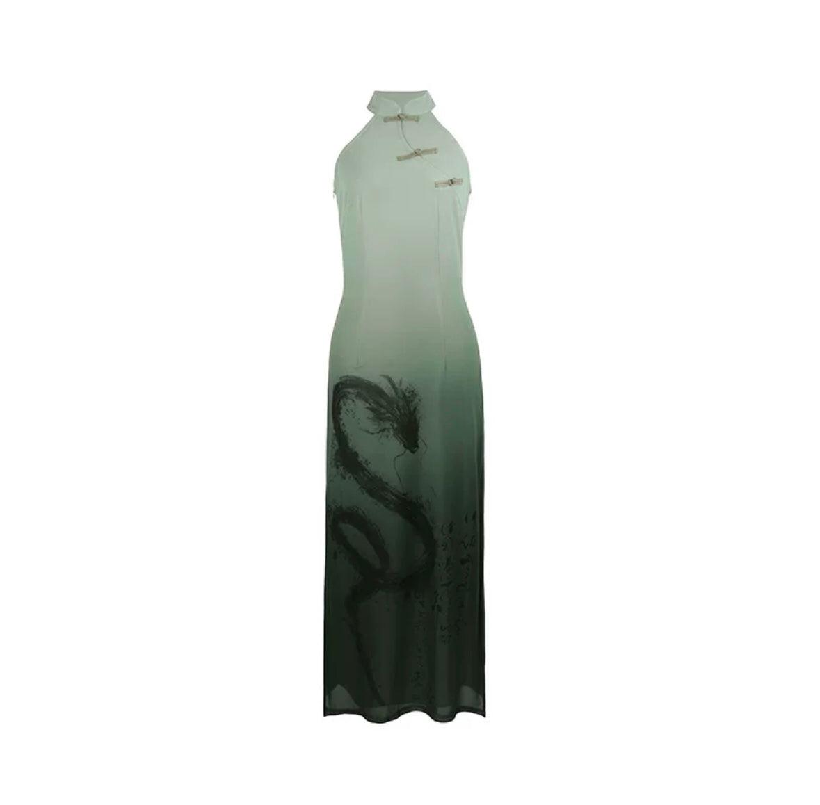 Sleeveless New Chinese Style Dress Ink Wash Dragon Print