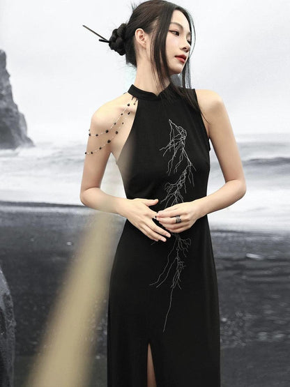 Dark Vintage Dress with Lightning Embroidery