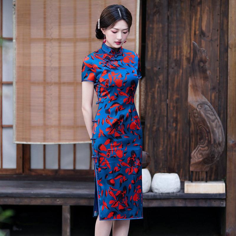 Blue Color With Red Petal Silk Cheongsam