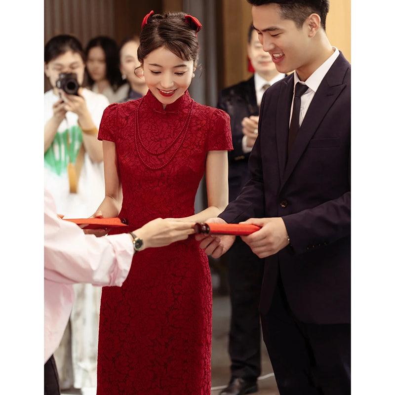 Wine Red Wedding Cheongsam Open Black Chinese Qipao