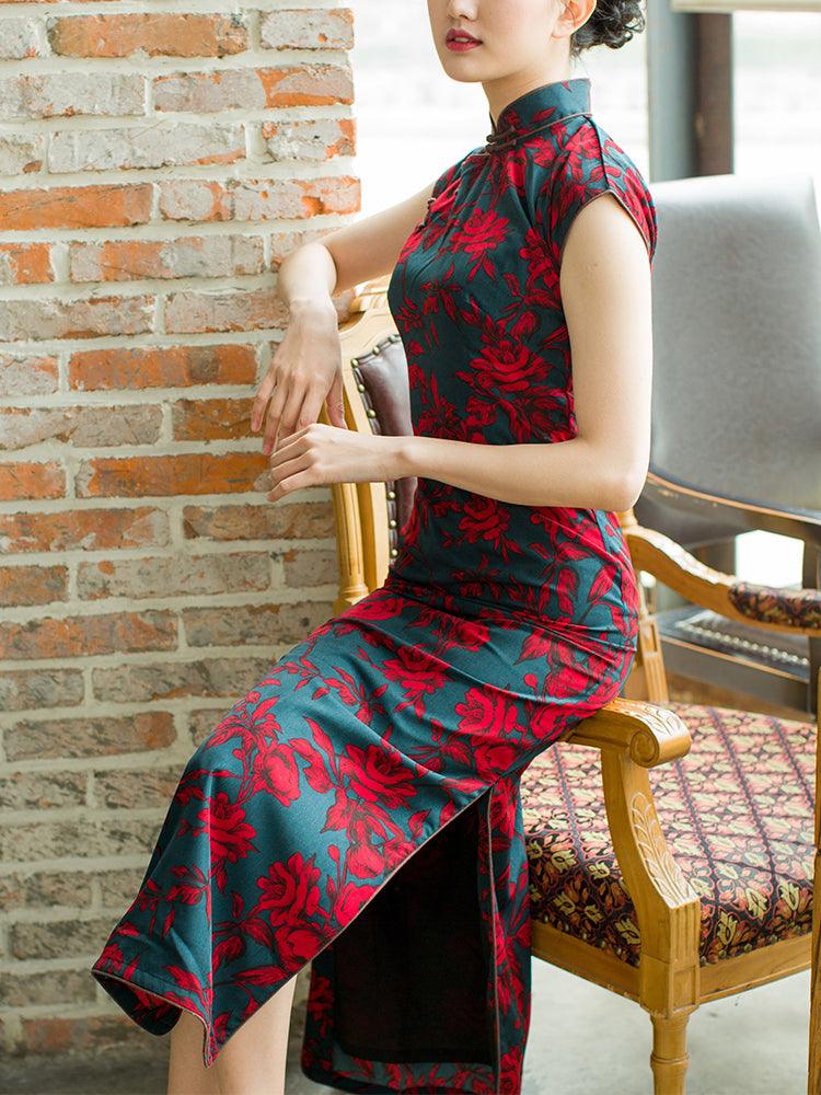 Dark Blue Background With Rose Pattern Cheongsam