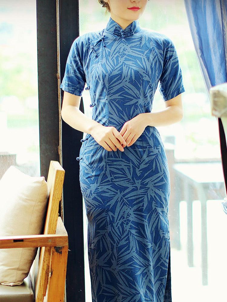 Leaf Pattern Cheongsam Blue Qipao Long Dress