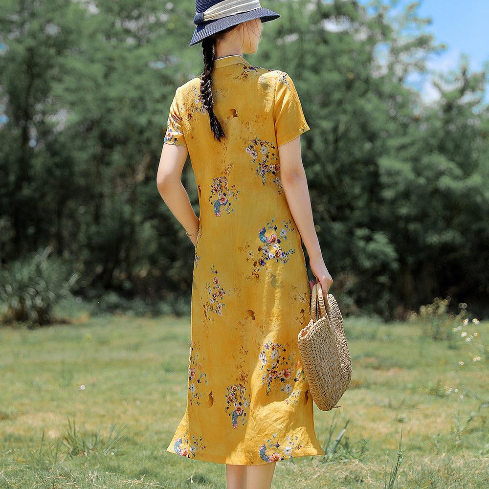 Yellow base color with floral Loose style Qipao