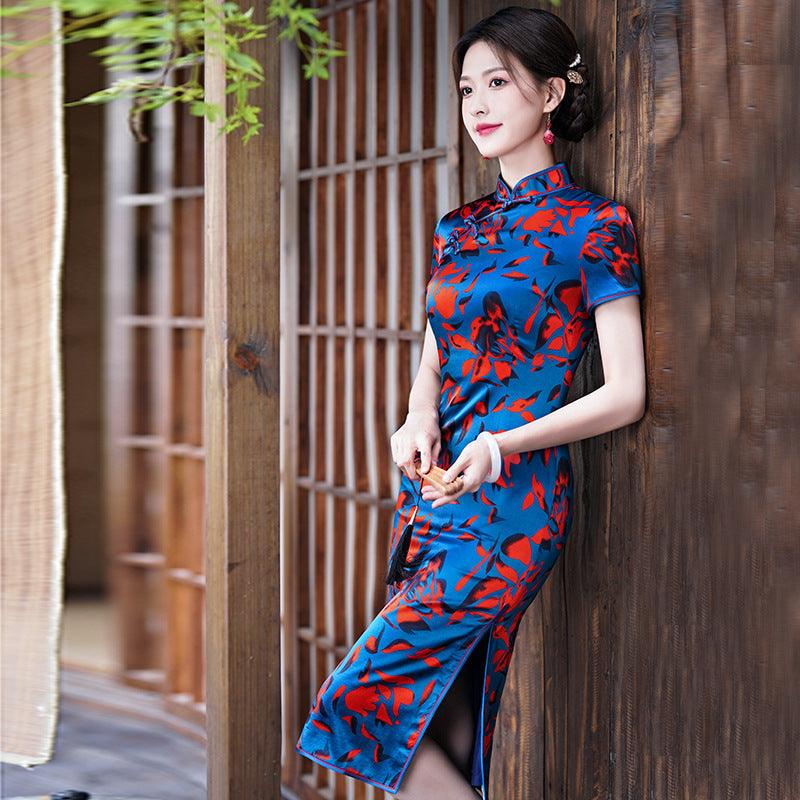 Blue Color With Red Petal Silk Cheongsam