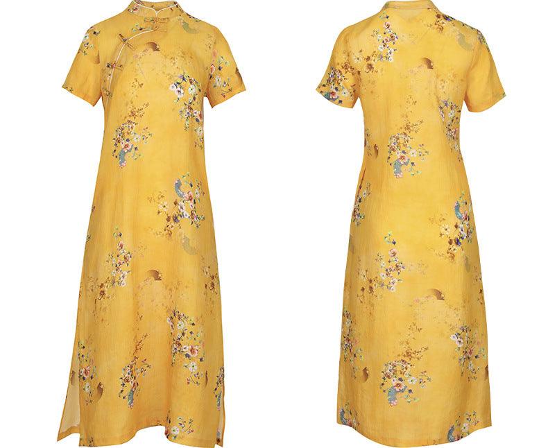 Yellow base color with floral Loose style Qipao