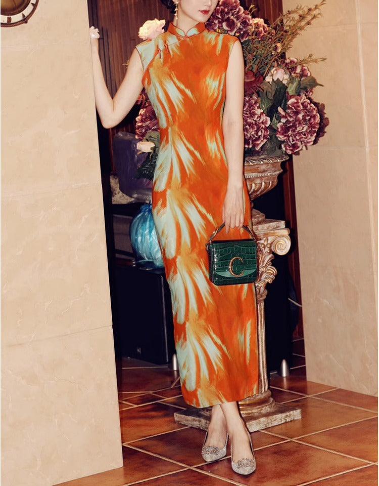 Orange Tie-Dye Inspired Printed Fashion Qipao