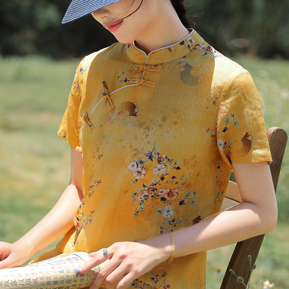 Yellow base color with floral Loose style Qipao