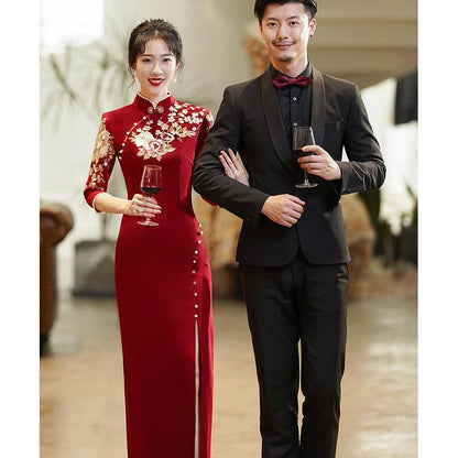 Wine Red Tea Ceremony Qipao Chinese Wedding