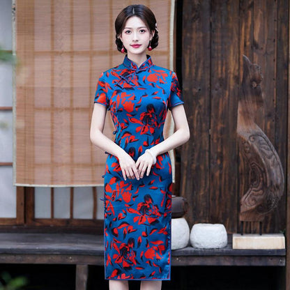 Blue Color With Red Petal Silk Cheongsam