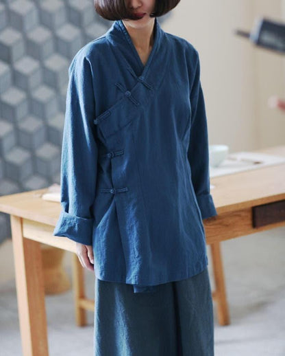 Linen Hafu Blouse Blue Button Shirt