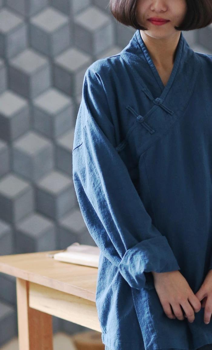 Linen Hafu Blouse Blue Button Shirt