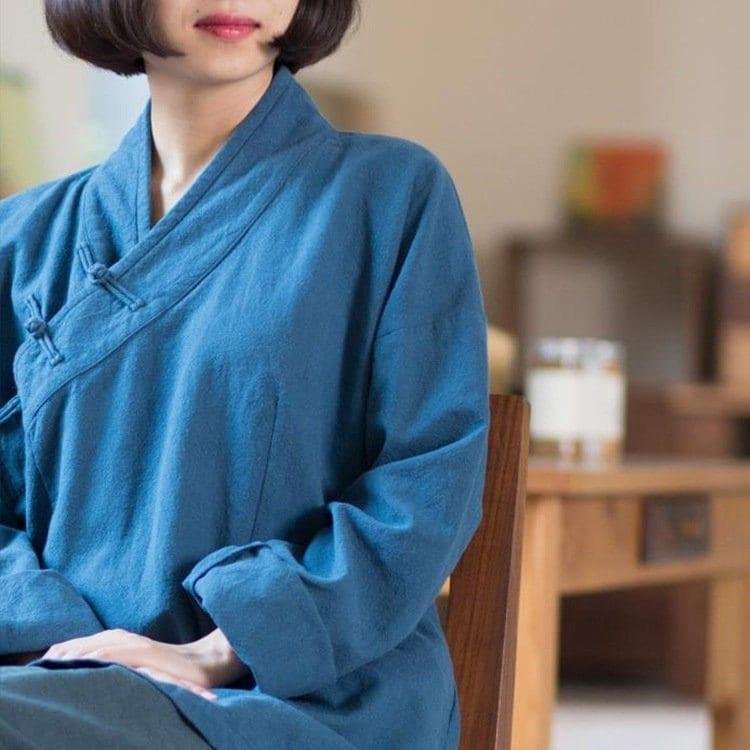 Linen Hafu Blouse Blue Button Shirt